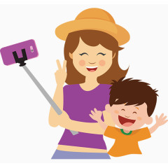 母亲和孩子一起拍照卡通人物装饰元素