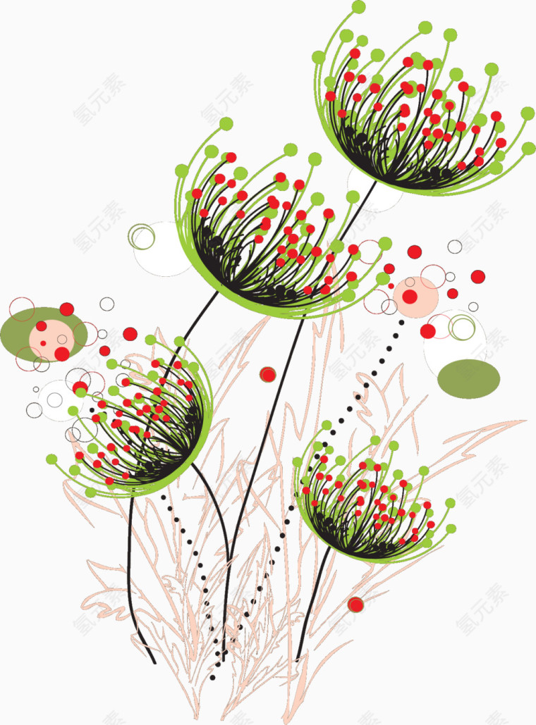 绿色线条手绘花朵植物