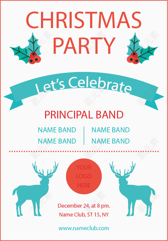 蓝色驯鹿派对邀请卡