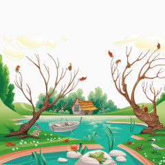 卡通森林房子流水小船