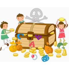 卡通手绘人物儿童宝箱金币