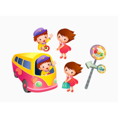 卡通手绘搭车的儿童