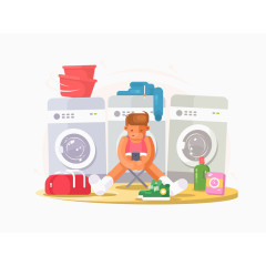  洗衣机前玩手机的卡通人物矢量素材
