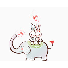 一对小兔子坐在长鼻象身上