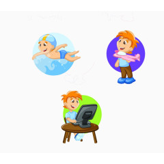 卡通手绘游泳玩飞机电脑的小男孩合集