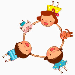 做游戏的孩子与花猫和小猪