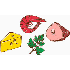 卡通手绘食物虾芝士香叶肉