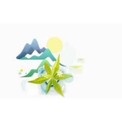 远山朝阳和树叶卡通手绘