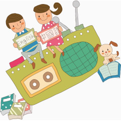 小孩录音机卡书狗狗卡通手绘装饰元素