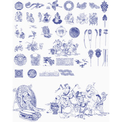 蓝色中国风花纹纹理边框卡通发簪飞鹤