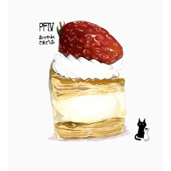 手绘草梅蛋糕和小猫