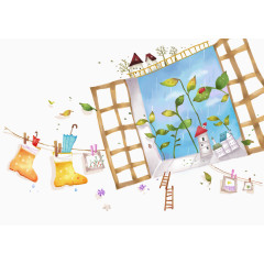 水墨清新窗外风景插画