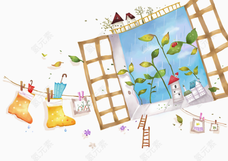 水墨清新窗外风景插画