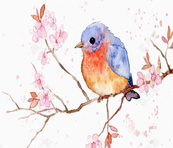 手绘桃花鸟儿