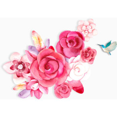 蓝色小鸟采撷的手绘红色粉红色的花朵