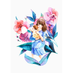 手绘水墨风彩色花朵女孩