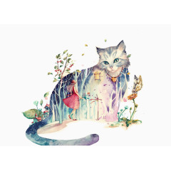 清新唯美手绘树林猫咪插画