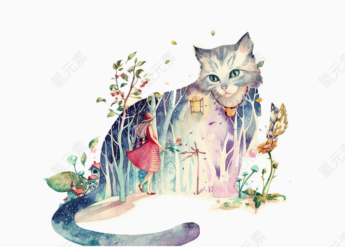 清新唯美手绘树林猫咪插画