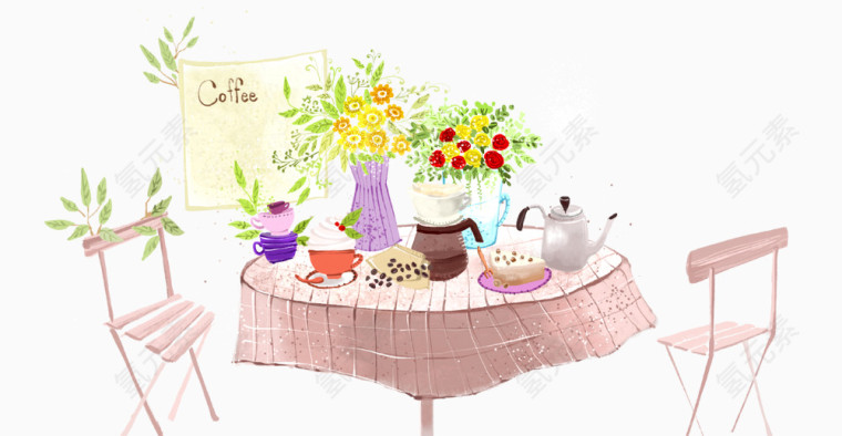 手绘清新餐桌上的下午茶插画