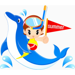 坐在鲸鱼上的小男孩卡通手绘装饰元素