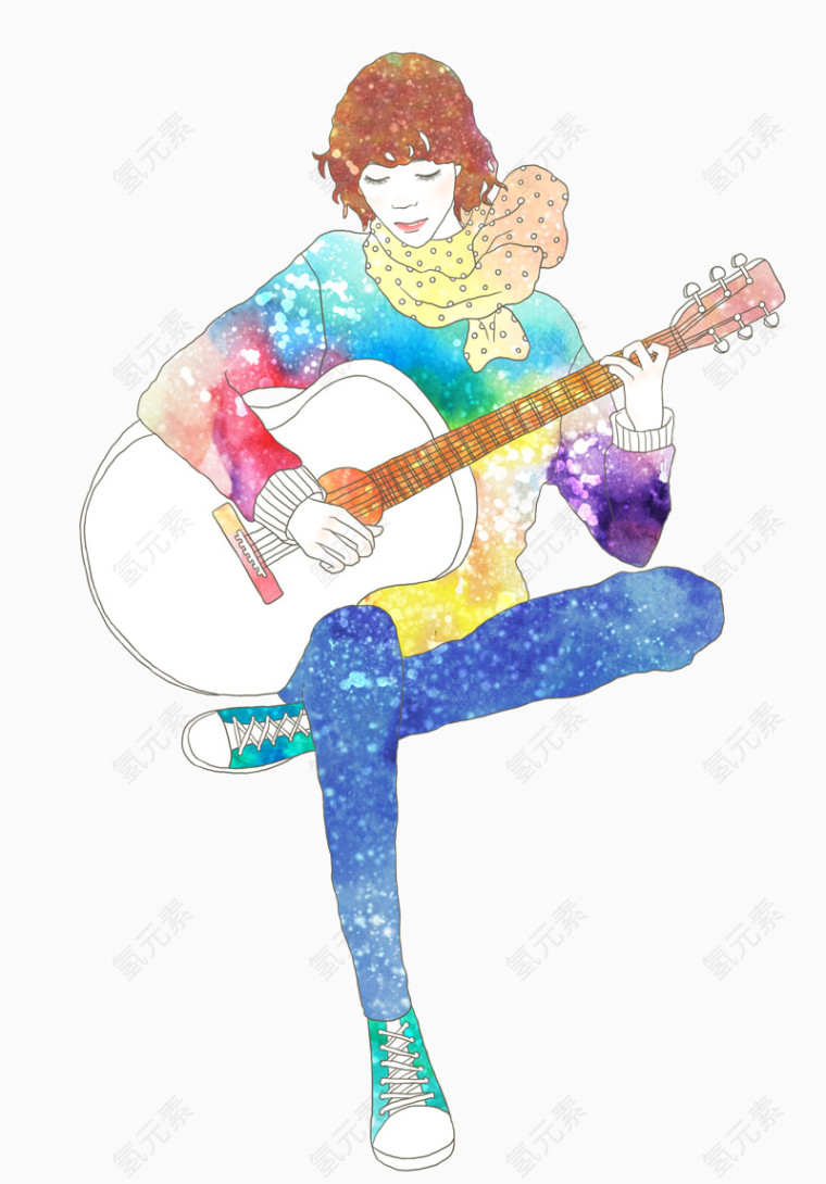 清新水彩弹吉他的女生