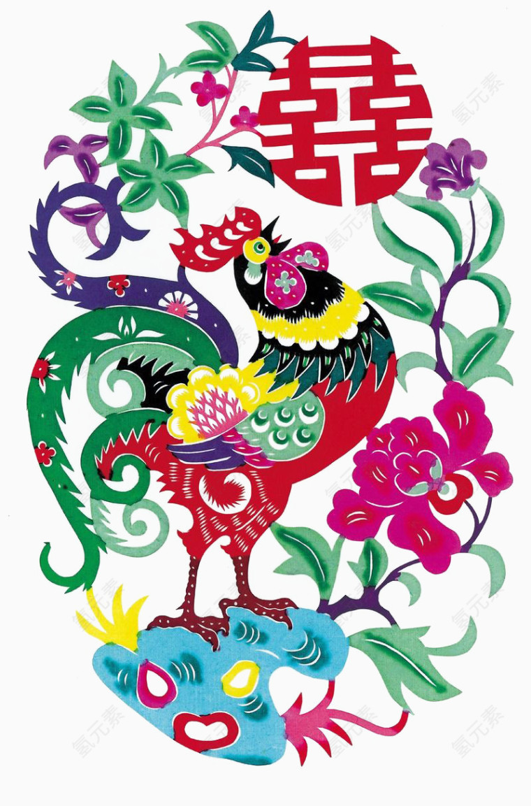 雄鸡牡丹剪纸图案