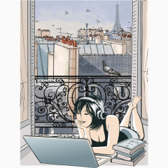 女孩玩电脑场景