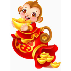 抱着金元宝的小猴子手绘卡通
