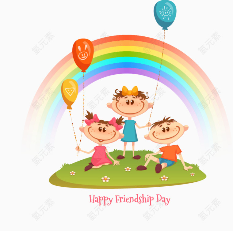 彩虹下庆祝生日的卡通孩子们