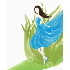 卡通手绘水墨穿蓝裙子的女孩