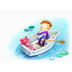 卡通插画划船男孩