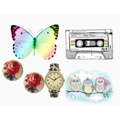 矢量蝴蝶卡带复古胸针表