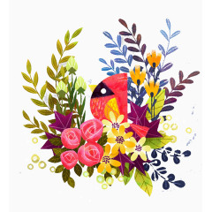 手绘花束树叶小鸟