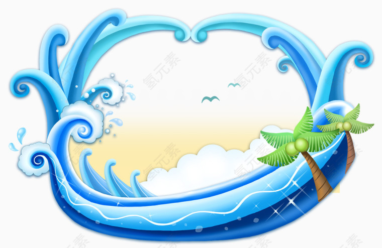 蓝色浪花绿色椰树