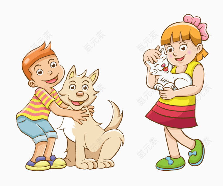 2个孩子和他们的宠物