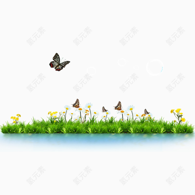 绿色草坪蝴蝶飞舞白色气泡元素