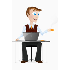 卡通手绘工作喝茶笔记本电脑男人