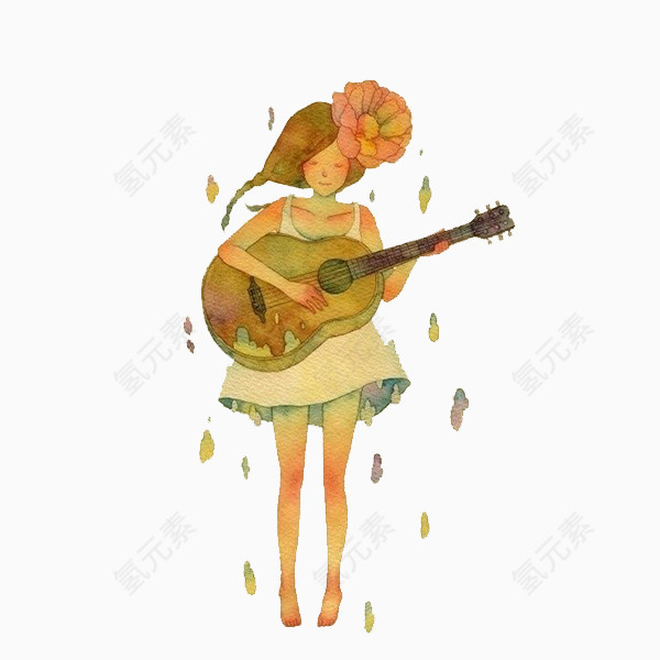 水彩弹吉他的女孩