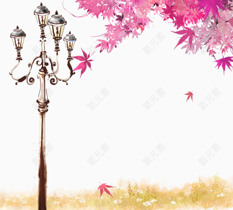 手绘清新路边风景插画