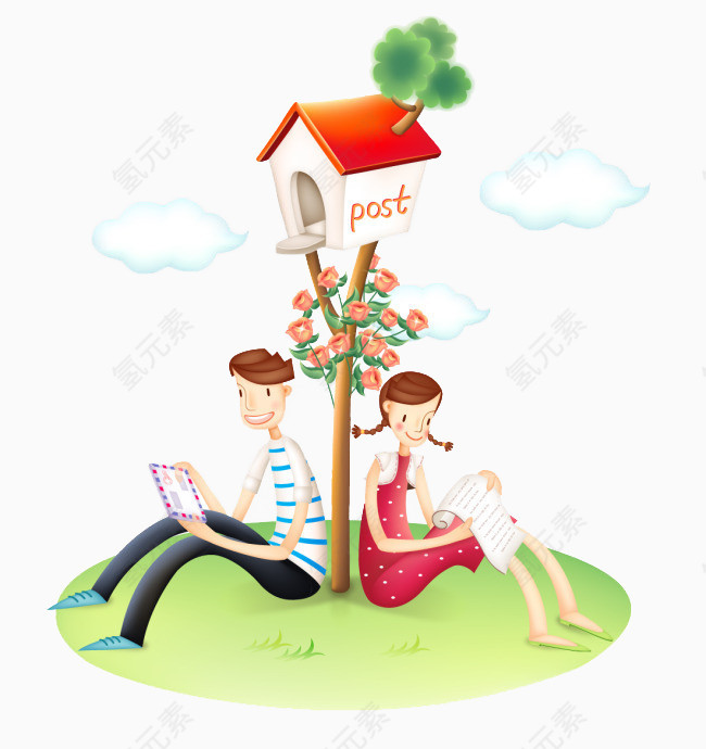 卡通小树屋下的男孩女孩