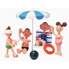 沙滩度假的一家人人偶