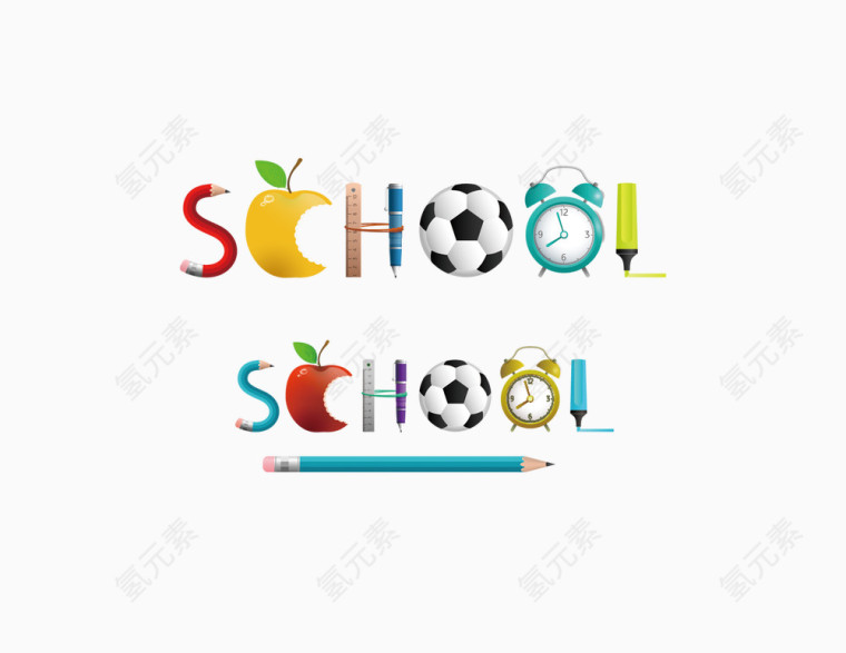 开学季手绘铅笔苹果尺子足球闹钟蜡笔