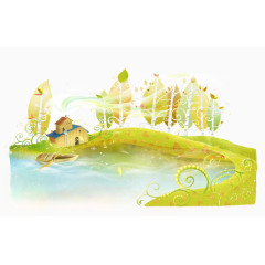 唯美清新房子河边绿茵插画