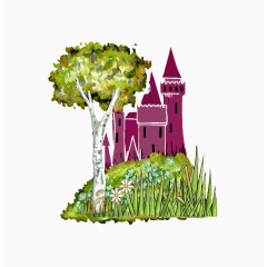 卡通手绘草坡上的房屋