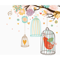 缤纷的树枝鸟笼彩色小鸟