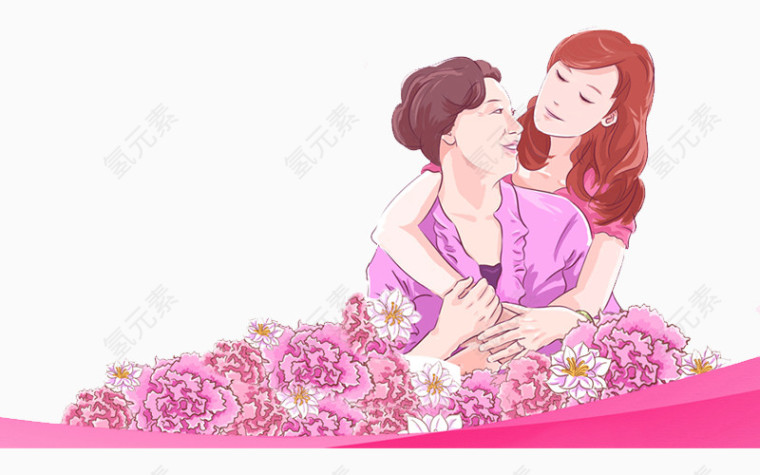 手绘鲜花母女