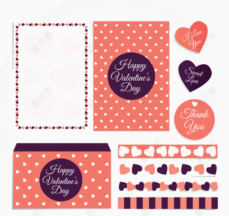 8款情人节卡片与装饰物矢量