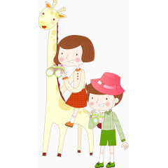 骑着长颈鹿旅行的男孩女孩