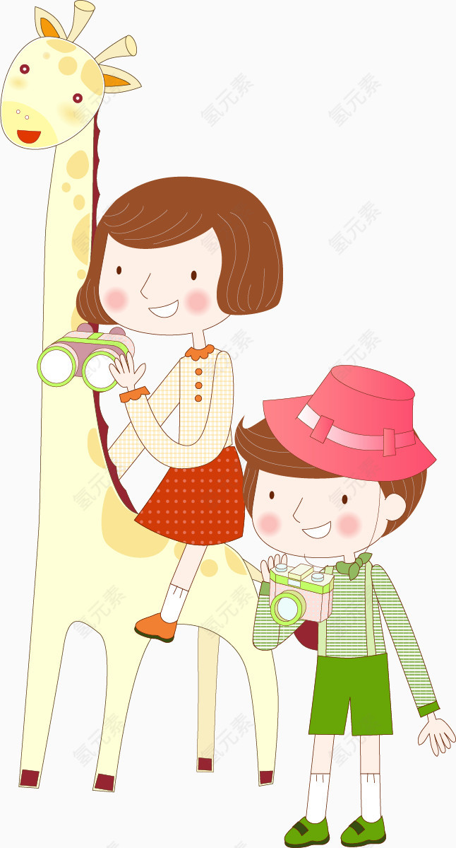 骑着长颈鹿旅行的男孩女孩