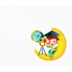 卡通手绘坐在月亮上的男孩